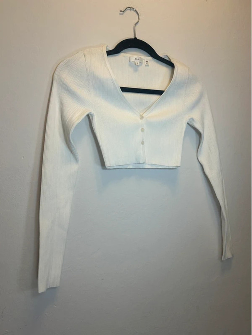 A.L.C. White Ribbed Cropped Long Sleeve Button Up Shirt